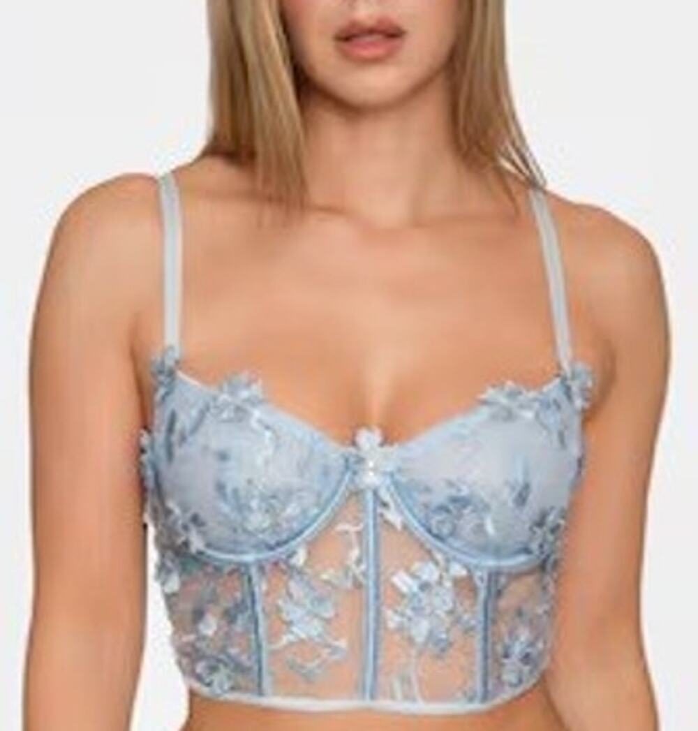 Y2K Sheer Floral Appliqué Bustier Crop Top Medium Blue Fairy Romantic Coquette